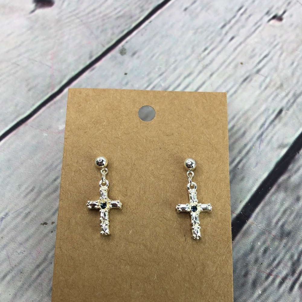 5/$25 Artsy silver tone cross dainty delicate shiny drop dangle statement - Picture 4 of 10